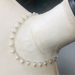 Handcrafted genuine pearl aquamarine stone sterling silver toggle clasp necklace
